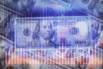 Multi exposure of forex chart drawing over us dollars bill background. Concept of financial success markets.