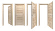 © UltimaSperanza - Set of modern, solid wood, single, 3D realistic entrances. Front view of closed and open intside, outside doors with light pine wooden planks