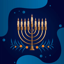Happy Hanukkah Celebration With Candelabrum And Leafs