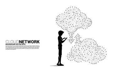Poster - Silhouette man with mobile phone and cloud network. Concept of cloud server, Storage and data