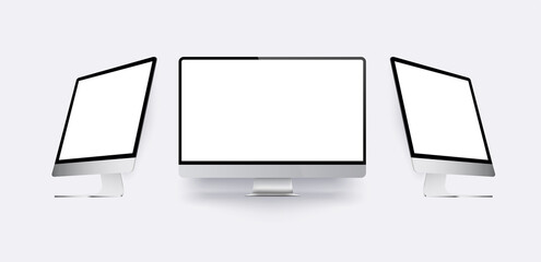 Fototapete - Realistic mock-up desktop PC. Monitor display with a blank screen in different positions, on the side, turned isolated on a white background. Vector illustration