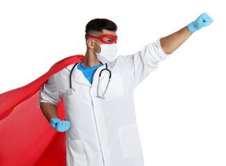 Canvas Print - Doctor wearing face mask and cape on white background. Super hero power for medicine