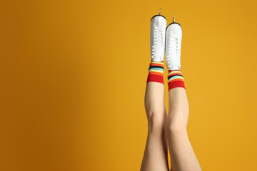 Sticker - Woman in elegant white ice skates on yellow background, closeup of legs. Space for text