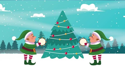 Poster - happy merry christmas card with elfs and tree in snowscape