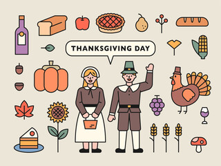 Wall Mural - male and female characters in traditional clothes greet each other. collection of thanksgiving icons