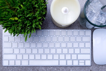 Sticker - Close up view of millet grass plant in the pot with empty glass with ice cubes and the keyboard