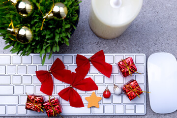 Sticker - Close up view of millet grass plant in the pot with christmas decoration and the keyboard