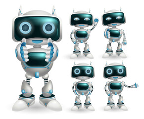 Wall Mural - Robot characters vector set. Robotic character with happy modern technology post and gestures for robots collection design. Vector illustration. 