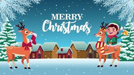 Wall Mural - happy merry christmas lettering card with deers and elf