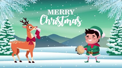 Sticker - happy merry christmas lettering card with elf and deer