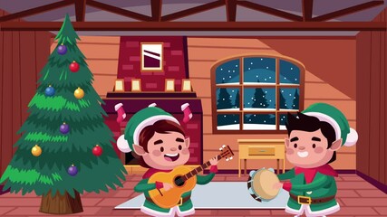 Sticker - happy merry christmas card with elfs playing instruments in the home