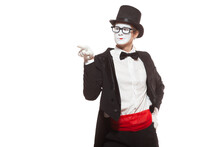Portrait Of Male Mime Artist Performing, Isolated On White Background. Mime Points And Chooses With A Thoughtful Look