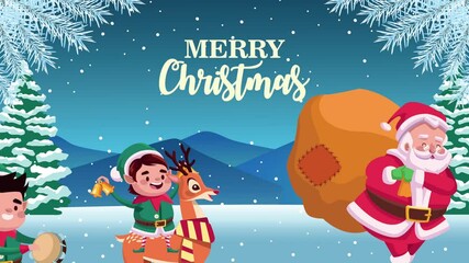 Poster - happy merry christmas lettering card with elfs and santa claus