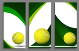 Fototapeta Zachód słońca - Realistic tennis ball on court. Set of vertical flyers. Templates for sport invitation, banners, brochures. World tennis tournament. Sport equipment. Vector