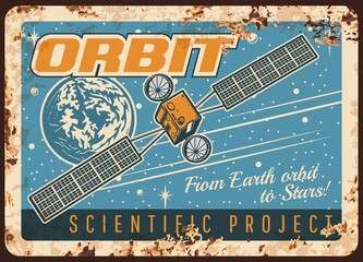 Wall Mural - satellite on orbit vector rusty metal plate. scientific program with sputnik flying from earth to st
