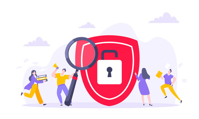 Wall Mural - Privacy policy personal data protection business concept. Safe using internet on the work metaphor flat style design vector illustration. Tiny people working together and big shield with padlock.