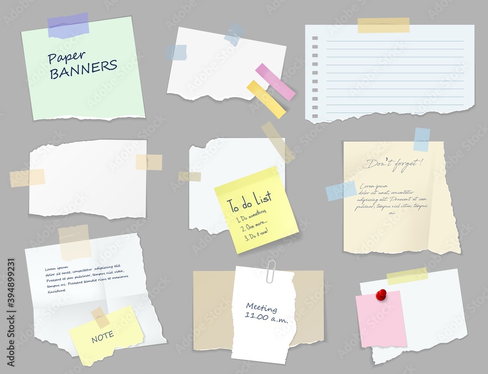 Paper sticky notes, banners, to do list or memo messages, notepads and ...