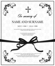 Funeral Vector Card With Vintage Condolence Flower Ornamental Flourishes, Christian Cross, Black Mourning Ribbon, Name, Birth And Death Dates Place. Obituary Memorial Decorative Funereal Card Template