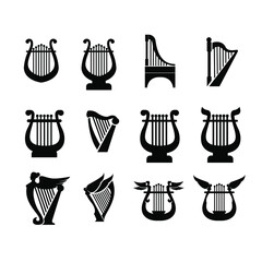 set collection luxury classic lyre harp type and shape vector icon flat design isolated background