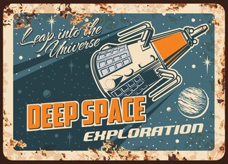 Wall Mural - satellite deep space exploration vector rusty metal plate. sputnik galaxy mission flying to alien pl