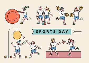 Wall Mural - School sports day. Cute students are playing various games. flat design style minimal vector illustration.
