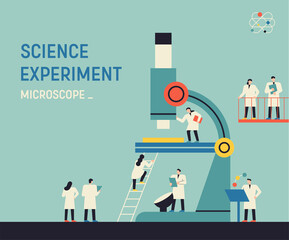 Wall Mural - scientists are doing research around huge microscopes. flat design style minimal vector illustration