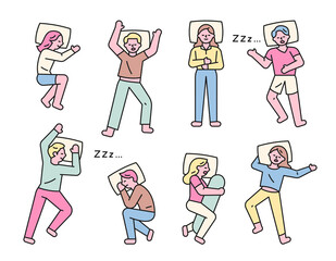 Wall Mural - various postures of people who sleep. flat design style minimal vector illustration.
