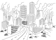 Eco Problem City Graphic Bad Ecology Black White Landscape Sketch Illustration Vector