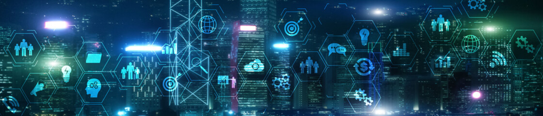 ERP Enterprise Resource Planning system on virtual screen with connections between business intelligence.