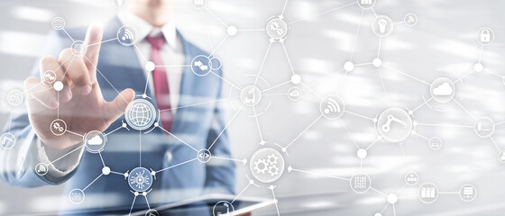 Wall Mural - technology industrial business process workflow organisation structure on virtual screen. iot smart 