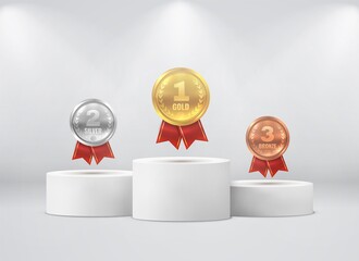 Wall Mural - medals on pedestal. first, second, third place on podium under spotlights realistic mockup. gold sil