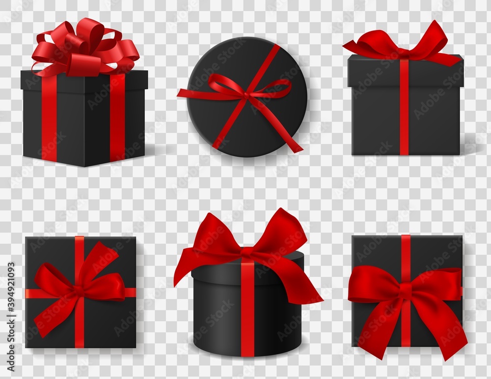 Black gift box. Realistic 3d dark cardboard round and square boxes with red silk ribbons and bows, different angles side and top views. Black friday advertisement vector isolated set - obrazy, fototapety, plakaty 