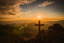 The Crucifixion Of Jesus Christ At Sunrise - Three Crosses On Hill. Religious Concepts