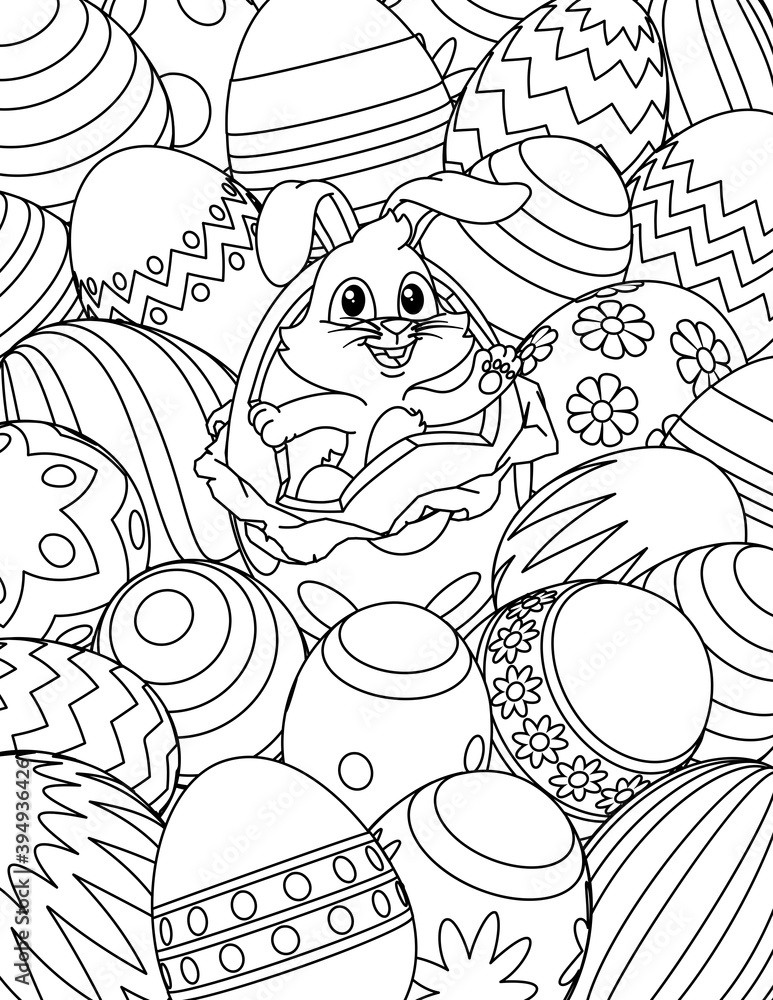 An Easter eggs cartoon coloring book black and white outline page ...