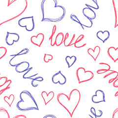 Wall Mural - Hearts and love. Seamless pattern. Hand drawn vector illustration. Pen or marker doodle sketch. Line art silhouettes. Repeat contour drawing