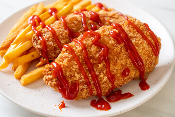 Canvas Print - fried chicken breast fillet steak with french fries