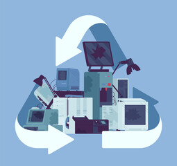 Recycling green symbol for electronic appliances waste trash pile. Environment care for unwanted technology devices, not working digital rubbish, used materials. Vector creative stylized illustration