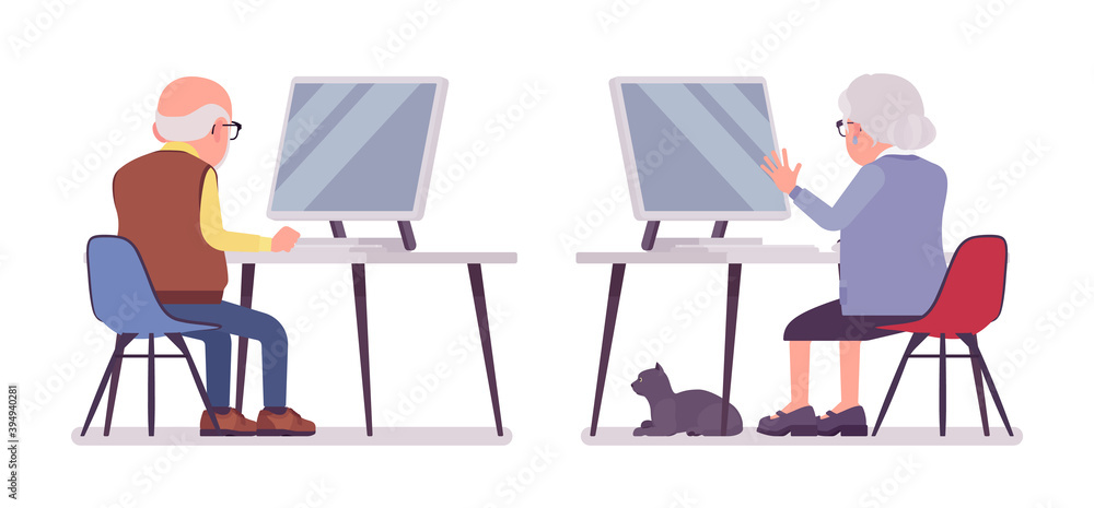 Old people with computer, elderly man, woman pc working. Senior ...