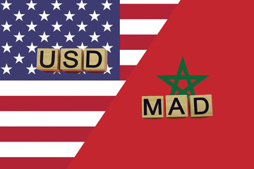 American and Moroccan currencies codes on national flags background