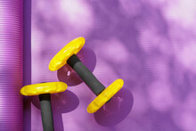 High Angle View Of Dumbbells On Purple Exercise Mat