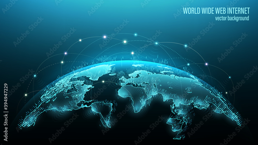 Blue futuristic background with planet Earth. Vector. Internet satellites transmit signals. Map of the planet. Global social network. Future. Internet and technology. Floating blue plexus geometric. - obrazy, fototapety, plakaty 