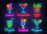 Cocktail Margarita, Blue Hawaiian,Mojito,Bloody Mary, Cosmopolitan and Tequila sunrise neon sign on brick wall background .