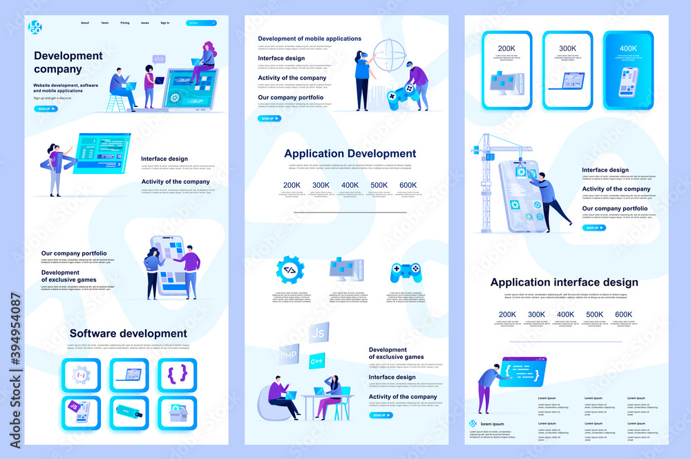 Development company flat landing page. Software engineering, application development corporate website design. Web banner template with header, middle content, footer. Vector illustration with people. - obrazy, fototapety, plakaty 