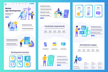 Fototapete - Mobile app development flat landing page. Smartphone application construct and testing corporate website. Web banner with header, middle content, footer. Vector illustration with people characters.