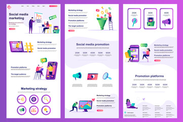 Aufkleber - Social media marketing flat landing page. Marketing strategy, promotion platform corporate website design. Web banner with header, middle content, footer. Vector illustration with people characters.