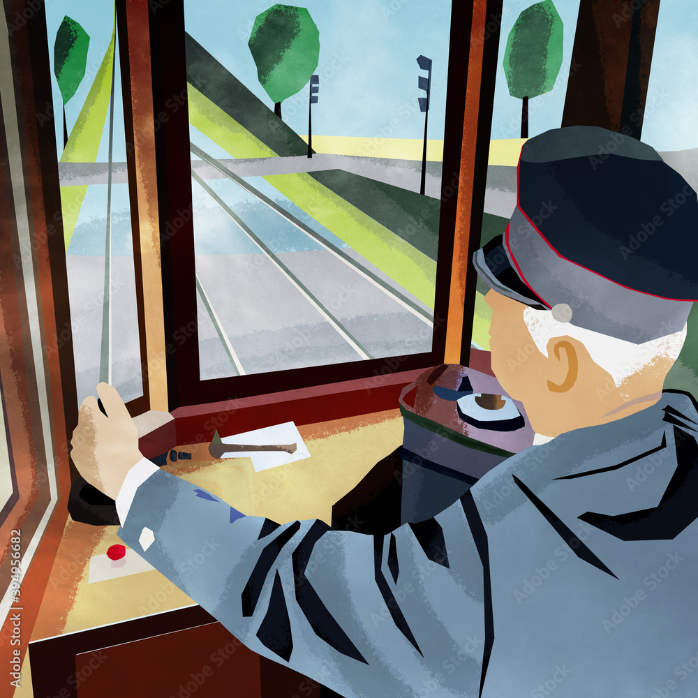 Ilustracja sylwetka tramwajarz kolejarz prowadzący pojazd szynowy po torach - obrazy, fototapety, plakaty 