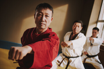 Wall Mural - Sensei and two martial arts students doing fight.