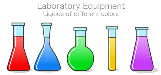Laboratory beakers, flasks types. Different colored liquids, fluids ; red, green, yellow, purple, blue solutions in glass bottles. Long, short, oval, chubby, thin glasswares. Chemistry Vector 