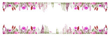 Panoramic View Of Watercolor Floral Pattern On White Background
