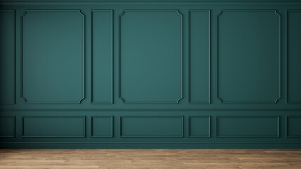 modern classic green empty interior with wall panels and wooden floor. 3d render illustration mock u